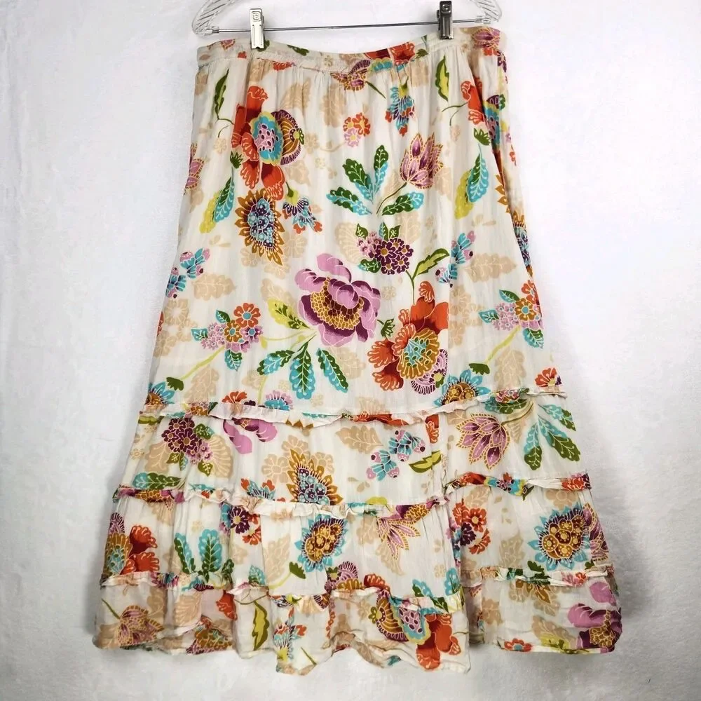 Life Style Womens Floral 100% Cotton Maxi Skirt Petite Medium PM Boho Deco India
